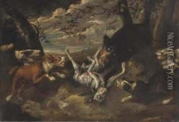 Cani Inferociti Contro Un Cinghiale Oil Painting - Abraham Hondius