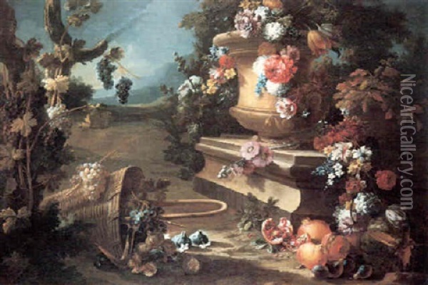 Flowers In A Stone Urn On A Pedestal, And Grapes, Figs,     Pomegranates, Plums And A Mel-on In An Overturned Basket In Oil Painting - Gasparo Lopez