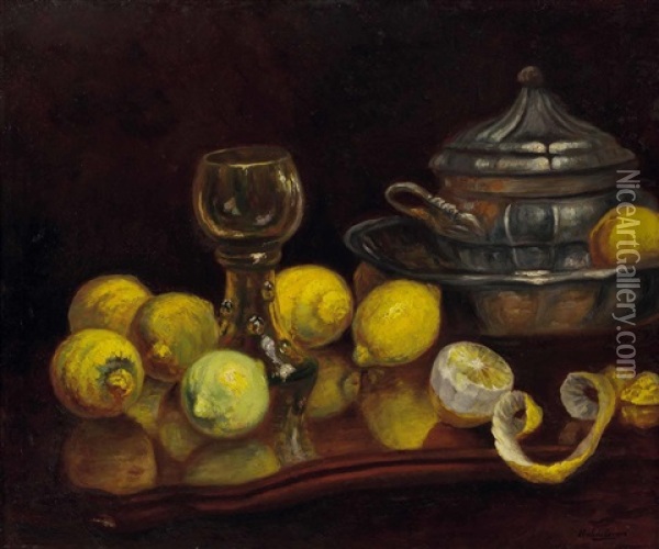 Stillleben Mit Zitronen, Glas Und Terrine Oil Painting - Franz Hohenberger