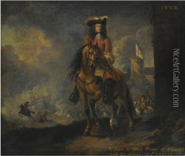 Equestrian Portrait Of William Iii When Prince Of Orange, Askirmish Beyond Oil Painting - Jan Wyck