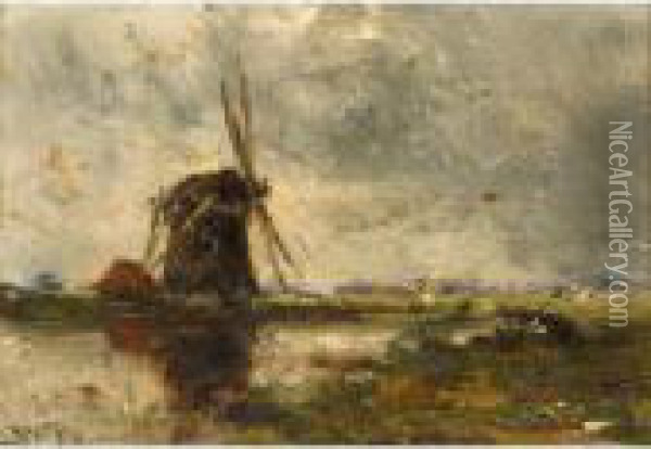 Watering Cows; A Windmill In A Polder Landscape (a Pair) Oil Painting - Willem Roelofs