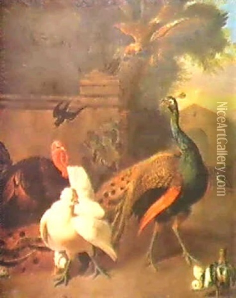 A Peacock, Turkey, Chicken And Chicks.... Oil Painting - Pieter Casteels III