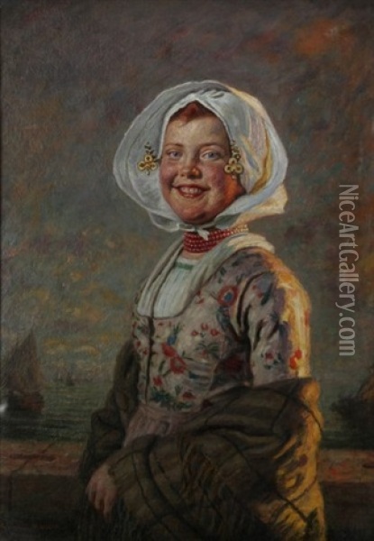 Vor Einer Brustung Stehendes, Lachendes Hollandisches Madchen, Im Hintergrund Segelboote Oil Painting - Hermann Knopf