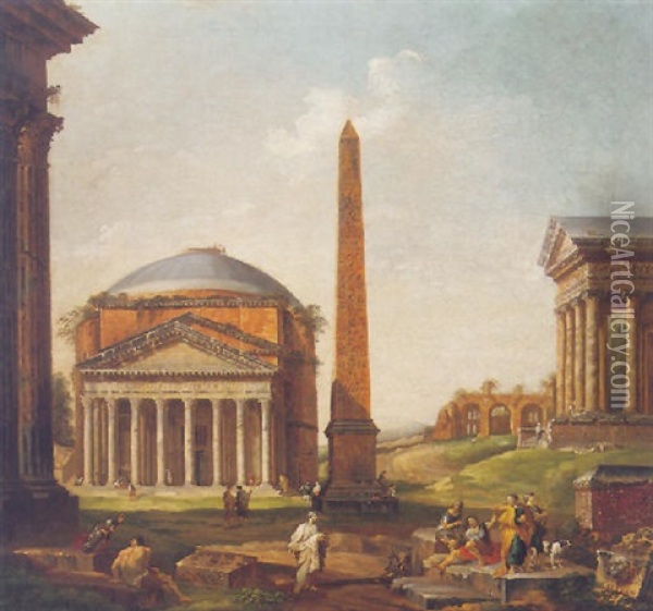 An Architectural Capriccio With The Pantheon, An Obelisk And Other Roman Ruins, Two Philosophers And Other Figures In Conversation In The Foreground Oil Painting - Giovanni Paolo Panini