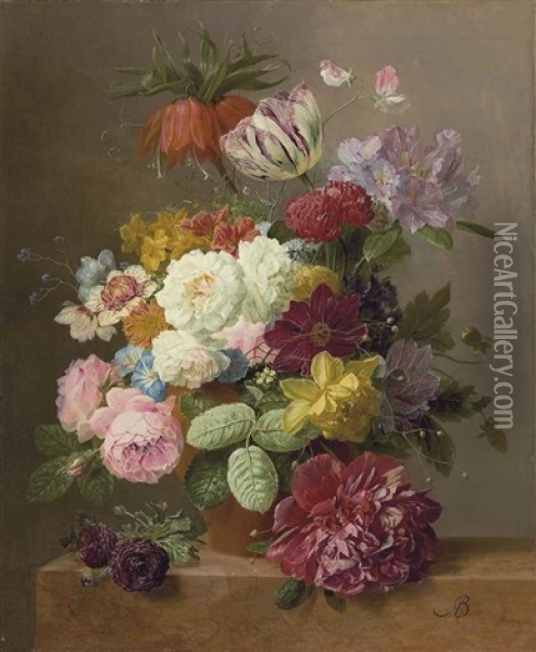 Roses, Peonies, Tulips, Narcissi, Convulvulus And Other Flowers In A Vase On A Marble Ledge Oil Painting - Arnoldus Bloemers