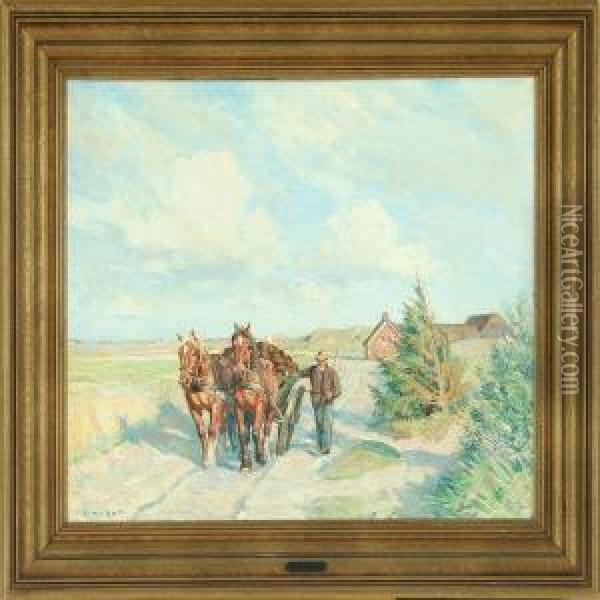 Man With Horsedrawn Cart Oil Painting - Borge C. Nyrop