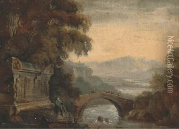 Figure By A River In A Classical Landscape Oil Painting - William Hodges