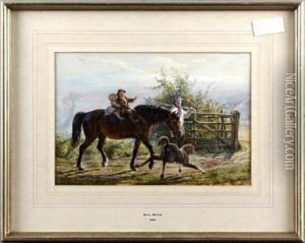 A Farm Labourer With His Children, A Horse And A Foal Oil Painting - Henry Warren