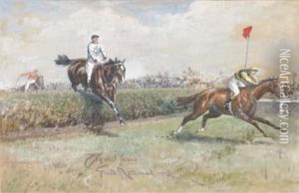 The Grand National, 1905: The Last Fence Oil Painting - John Beer