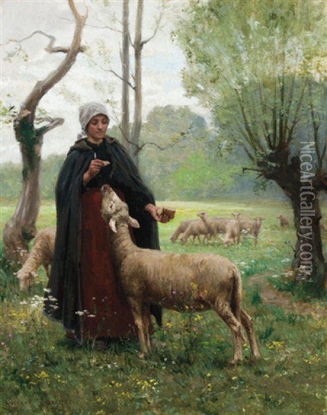 Shepardess With Lamb Oil Painting - Georges Laugee