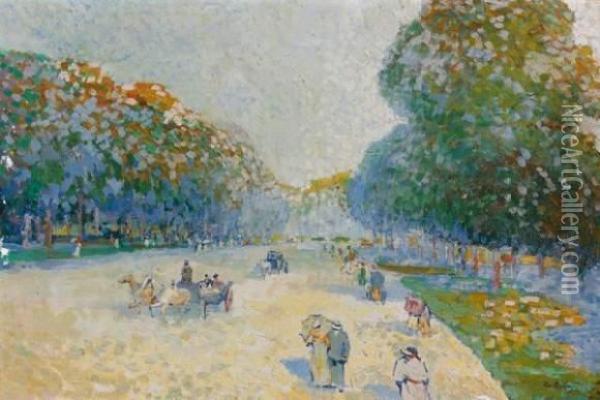 Fiacres Et Promeneurs Aux Champs-elysees Oil Painting - Pierre De Belay
