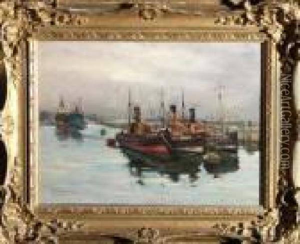 Steam Trawlers In Port Oil Painting - John William Gilroy