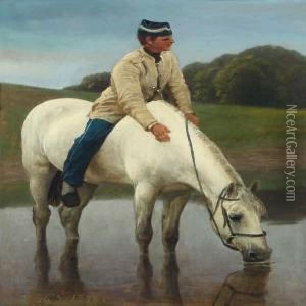 A Cavalryman And His Horse Oil Painting - Hans Ole Brasen