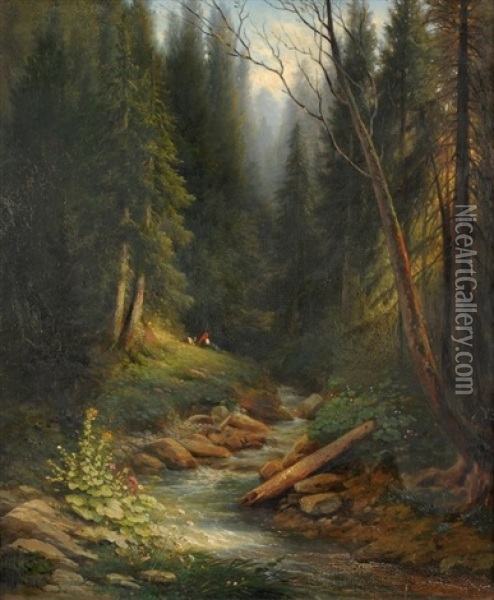 Ziegenhirtin In Einer Waldlichtung Mit Bach Oil Painting - Charles Louis Guigon
