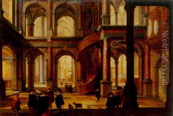 Scene D'interieur D'eglise Gothique Animee De Personnages Oil Painting - Dirck Van Delen
