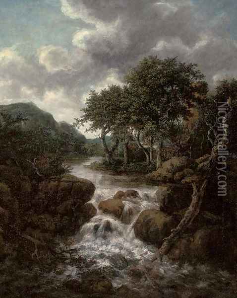 A wooded river landscape with a waterfall Oil Painting - Jacob Van Ruisdael