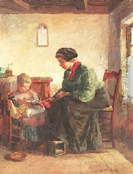 Genreszene. Mutter Mit Tochter Beim Puppenspiel In Der Stube Oil Painting - Cornelis De Bruin