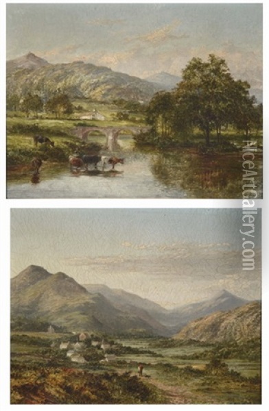 Mount Elbury, With Figure And Dog On Lane, And Mount Elbury, With Cattle Watering In A River (2 Works) Oil Painting - David Bates