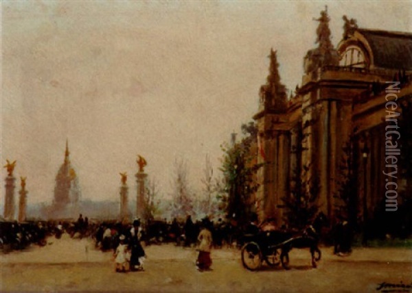 Elegantes Devant Le Grand Palais Oil Painting - Gaspar Miro Lleo
