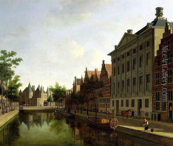 View of the Kloveniersburgwal in Amsterdam, with the Waag, and barge moored in the front of Trippenhuis to the right 1685 Oil Painting - Gerrit Adriaensz Berckheyde