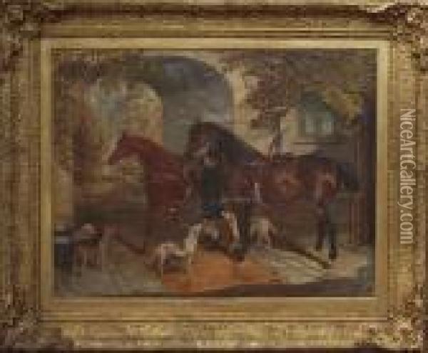 A Groom With Two Hunters And Dogs Before An Archway Oil Painting - Robert Nightingale