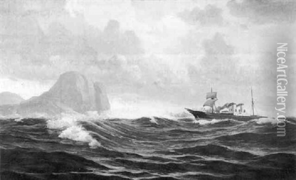 Marine Med Skib Udfor Klippekyst Oil Painting - Alfred Olsen