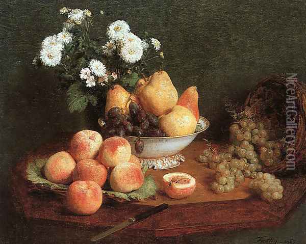 Flowers & Fruit on a Table 1865 Oil Painting - Ignace Henri Jean Fantin-Latour