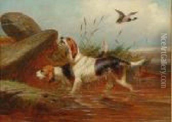 Two Setters In A Highland 
Landscape With A Game Basket, Grouse And Duck; Otter Hounds At The Mouth
 Of The Holt Oil Painting - Colin Graeme Roe