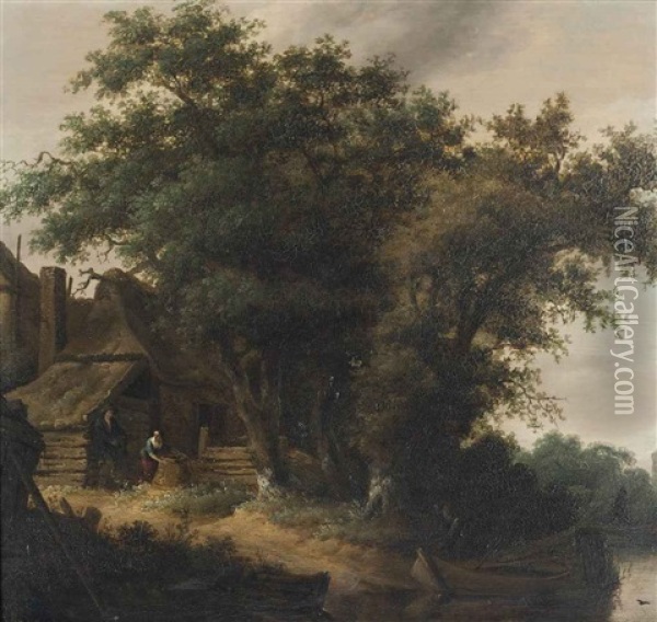 A Wooded River Landscape With Peasants Before A Cottage Oil Painting - Salomon van Ruysdael
