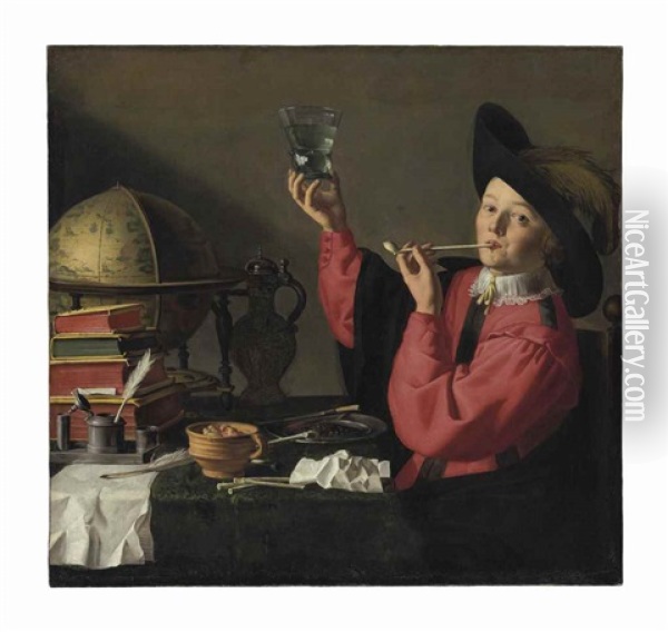 A Gallant Youth Drinking And Smoking At A Table With A Globe, Books, And Other Objects Oil Painting - Aelbert Jansz van der Schoor