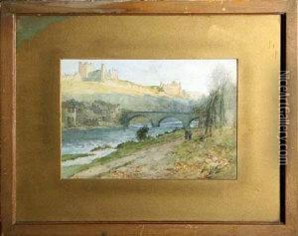 Figures On A Path Near Richmond Castle Oil Painting - Thomas Swift Hutton