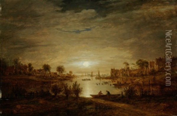 Uferlandschaft Im Mondlicht Oil Painting - Aert van der Neer