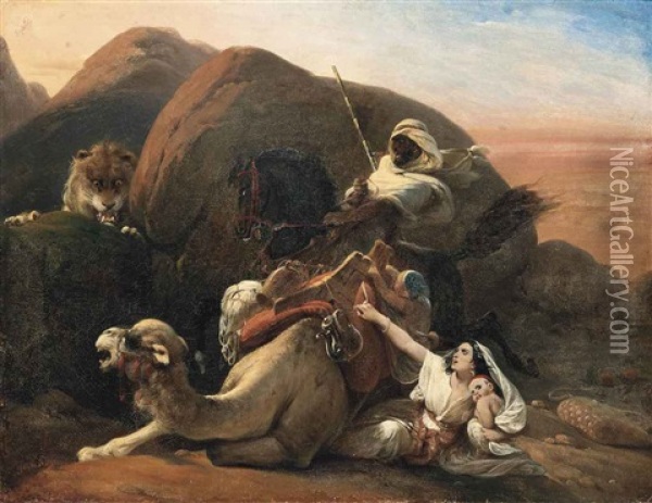 A Lion Attack Oil Painting - Heinrich Frederic Schopin