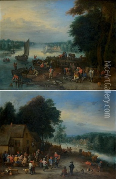 Fete Villageoise Pres De La Riviere (+ Le Marche Aux Poissons; Pair) Oil Painting - Theobald Michau