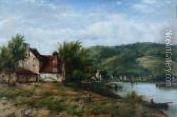 Boats On A River Next To Cottages Oil Painting - Frederick Waters Watts