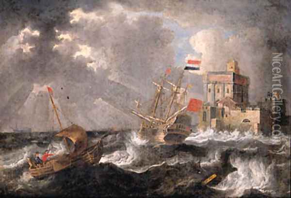 A Dutch threemaster and a wijdschip offshore in a gale, a fortified castle beyond Oil Painting - Bonaventura, the Elder Peeters