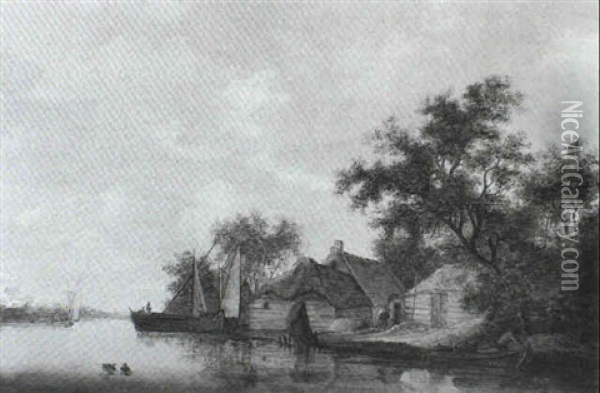 A River Landscape With Two Smalschips Anchored Near A       Cottage: Two Figures In A Rowing Boat Set Out From The Bank Oil Painting - Jacob Salomonsz van Ruysdael