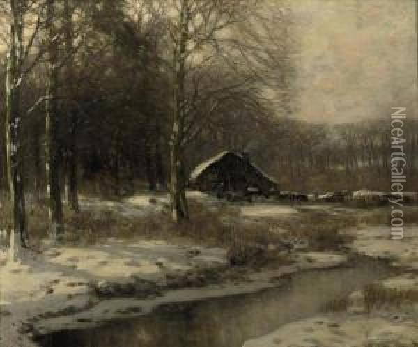 A Farm In A Forest In Winter Oil Painting - Louis Willem Van Soest