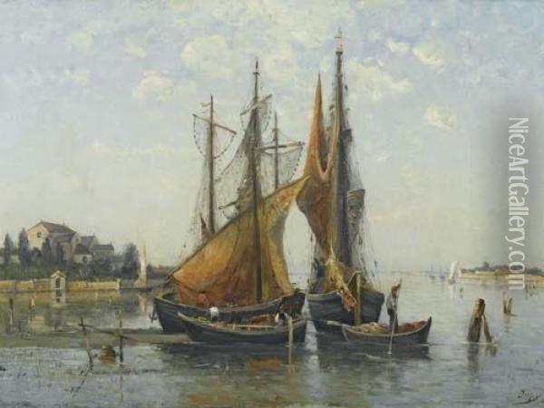 Fishing Boat In Harbour. Oil Painting - Louis-Aime Japy