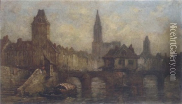 Barges Moored At Bridge In Paris Oil Painting - Jules Achille Noel