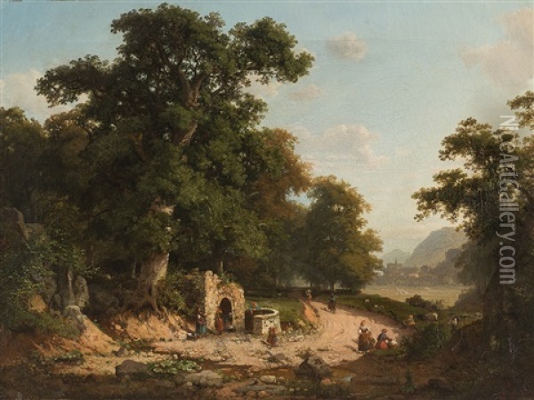 Landscape With Figures Oil Painting - Heinrich Koch