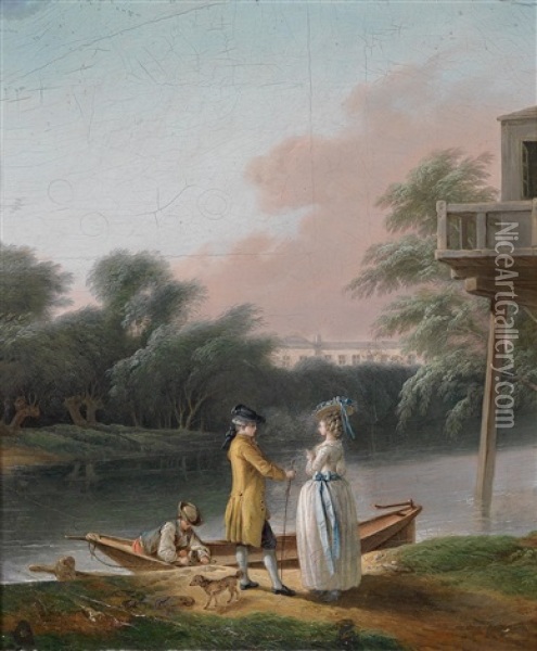 Elegantes Paar An Einem Flusufer Vor Einem Boot (+ Eine Dame Mit Kind Vor Einer Brucke In Einem Wald; Pair) Oil Painting - Jean Baptiste Lallemand