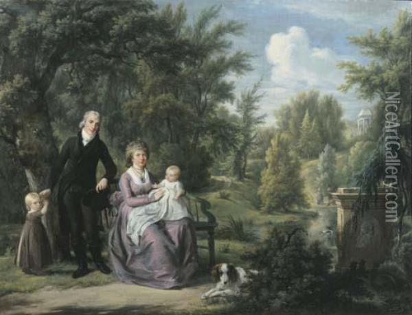 Group Portrait Of A Gentleman And A Lady, The Latter Seated On Abench, With Their Two Children And Dog In The Park Of Elswout,overveen, A Pond And Cupola Beyond Oil Painting - Adriaan de Lelie