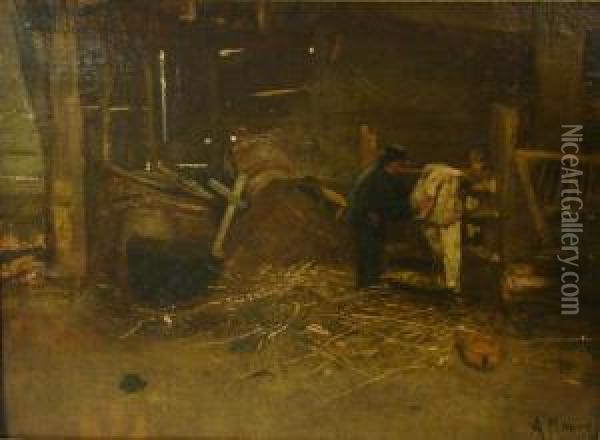 Farm Hand In A Stable Interior Oil Painting - Anton Mauve