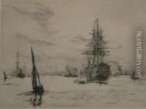Hms Victory And Other Vessels Off Portsmouth Oil Painting - William Lionel Wyllie