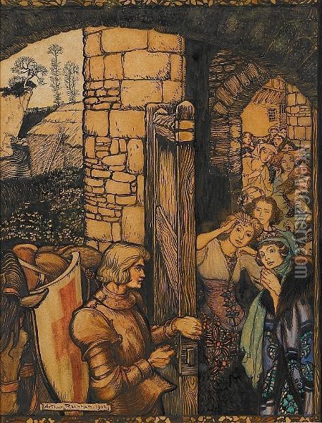 Sir Galahad Opens The Gates Of The Castle Of Maidens Oil Painting - Arthur Rackham