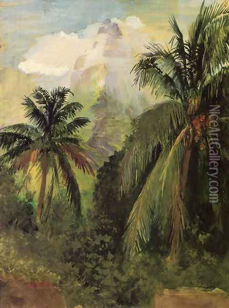 Early Morning Uponohu Looking South Towards Peak Of Maua Roa From Our Hiuse Garden Wall In Front Oil Painting - John La Farge