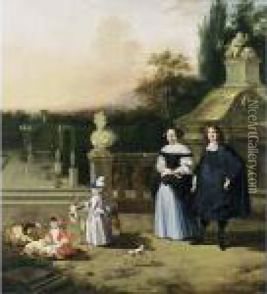 A Portrait Of A Gentleman And 
His Wife, Both Standing Full-length With Their Two Children Playing With
 A Goat And Sheep, Together With A Dog, All In A Garden Setting Oil Painting - Barent Graat