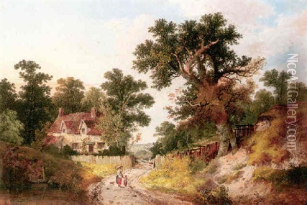 A Landscape With A View Of A Cottage And Figures On A Path Beside A Pond Oil Painting - John Berney Ladbrooke