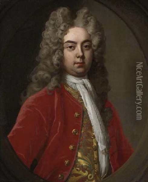 Portrait Of A Gentleman In A Red Coat With A Gold Patterned Waistcoat Oil Painting - Hans Hysing
